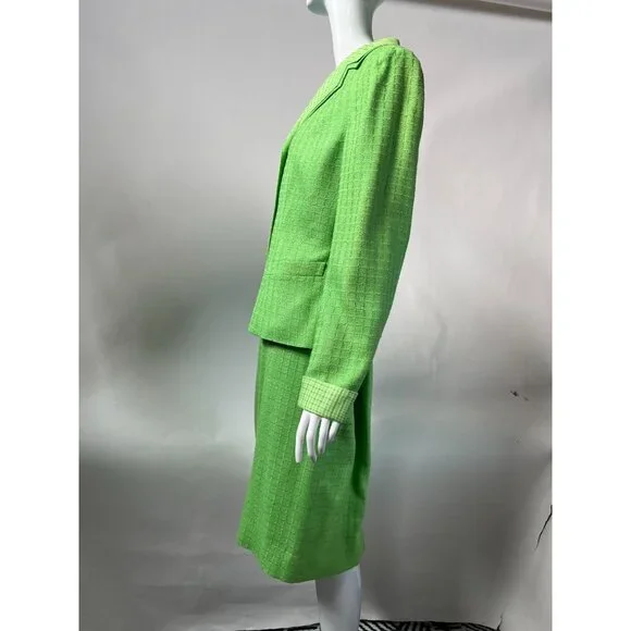 Vintage George Simonton Green Womens Suit Set Size 14 100% Silk With Acetate Lin